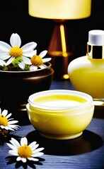 Elegant look herbal cream, shampoo and cosmatics items on a table in a dark background. This image is ai generated