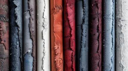 Fototapeta premium A collection of colorful vertical bars showcasing various textures and hues, arranged closely together to highlight the contrast between colors and surfaces.