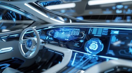 A futuristic car dashboard with a digital display showing blue glowing lines and codes, symbolizing high-speed data processing. The interior of the car is clean and modern, with gray and white tones.