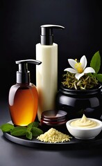 Elegant look herbal cream, shampoo and cosmatics items on a table in a dark background. This image is ai generated