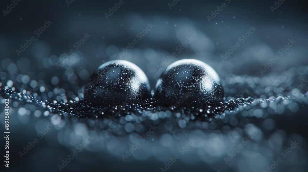 Poster a close-up of two shiny metallic spheres resting on a dark, textured surface with intricate light re