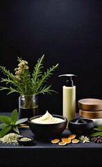 Elegant look herbal cream, shampoo and cosmatics items on a table in a dark background. This image is ai generated