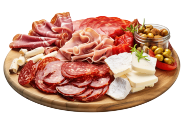 A platter of assorted cured pork products, such as salami, pepperoni, and prosciutto, arranged artfully on a white background.