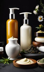 Elegant look herbal cream, shampoo and cosmatics items on a table in a dark background. This image is ai generated