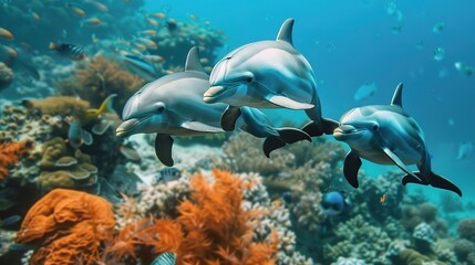 Fototapeta premium Playful Dolphins Swimming in the Sea: A Captivating Underwater Scene of Marine Life and Ocean Beauty