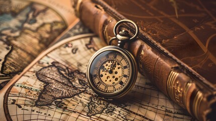 A pocket watch and book on an old map, symbolizing time travel or adventure in the style of vintage-inspired imagery.