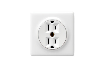 A photorealistic image of a standard power outlet with two round holes and one grounding pin, isolated on a white background