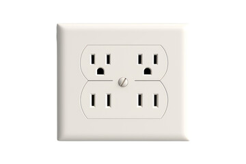 A photorealistic image of a standard power outlet with two round holes and one grounding pin, isolated on a white background