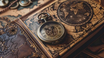 A pocket watch and book on an old map, symbolizing time travel or adventure in the style of vintage-inspired imagery.