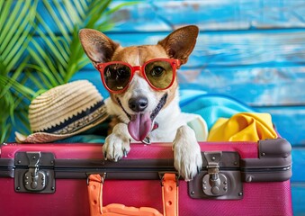 Dog Wearing Sunglasses Relaxing in Suitcase with Colorful Clothes - Ready for Vacation