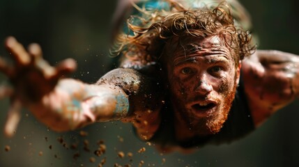 A mud-covered athlete reaching out during an intense action moment. The expression of determination and the gritty environment convey a sense of endurance and challenge.