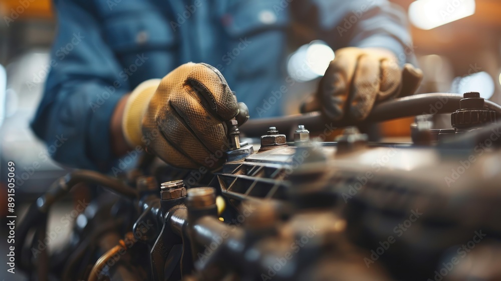 Poster a mechanic wearing gloves tightens a part in a busy workshop. the focus is on the precision and care