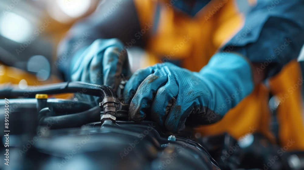 Poster a worker wearing blue gloves fixes engine parts in a workshop setting. the hands are seen meticulous