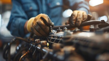 A mechanic wearing gloves tightens a part in a busy workshop. The focus is on the precision and care taken in handling the components amidst the industrial setting.