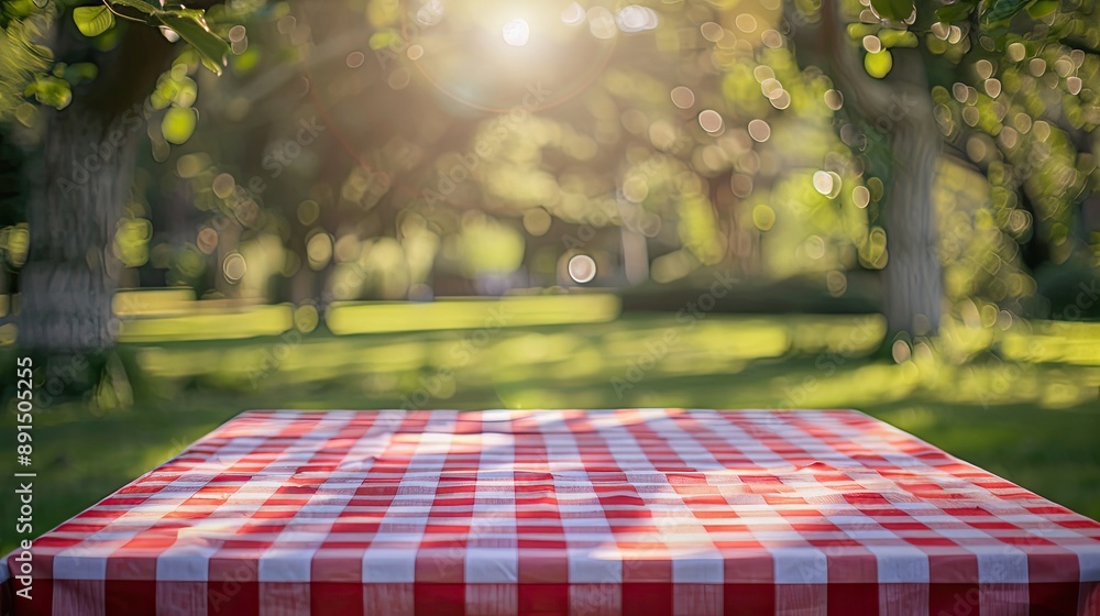 Poster a checkered table with a red and white tablecloth. the table is empty and has a view of trees in the