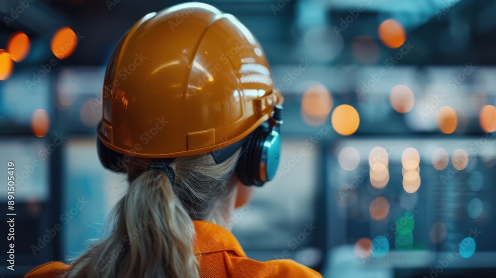 Poster an engineer wearing a safety helmet and headphones intensely monitors various systems from a control