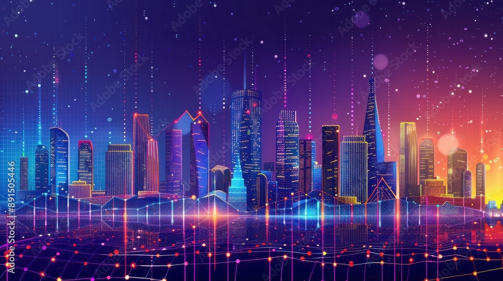 Poster abstract dot point connect with gradient lines in a smart city, intricate wave line design, big data