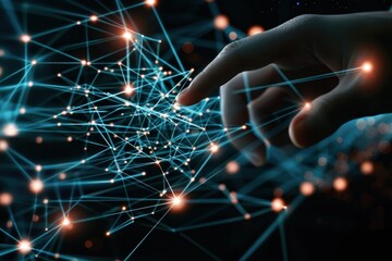 A human finger touching a network of glowing digital connections on a dark background, concept of connectivity