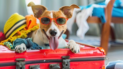 Dog Wearing Sunglasses Relaxing in Suitcase with Colorful Clothes - Ready for Vacation