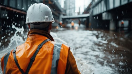 A construction worker dons a hard hat and safety gear while navigating floodwaters at a construction site, highlighting themes of resilience and determination.