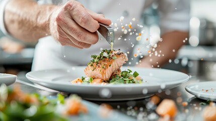 A chef carefully adds the final garnish to a beautifully plated salmon dish, showcasing culinary expertise and attention to detail in a professional kitchen setting.