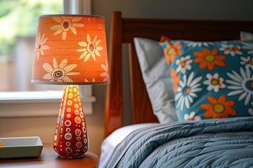 A bed with a lamp and a pillow with flowers on it. The lamp is orange and the pillow is blue and orange