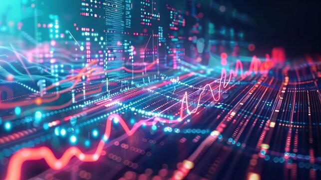 Abstract statistical big data concept Complexity graphs and analytical diagrams in technology background Bright neon dark