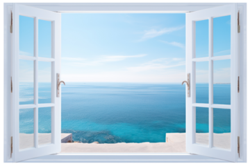 A panoramic PVC door with a breathtaking view of the ocean. Isolated on white background.