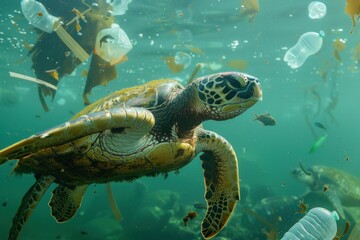 Obraz premium A sea turtle swims among plastic trash