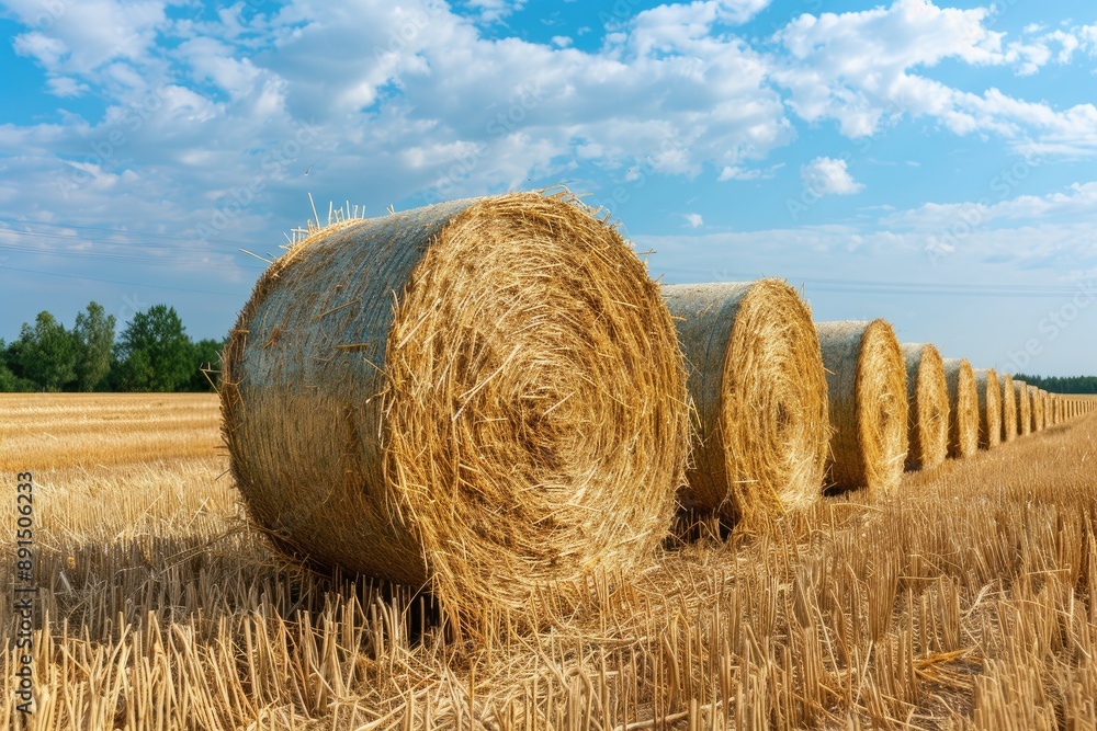 Poster a field of golden wheat with a few bundles of straw in the foreground