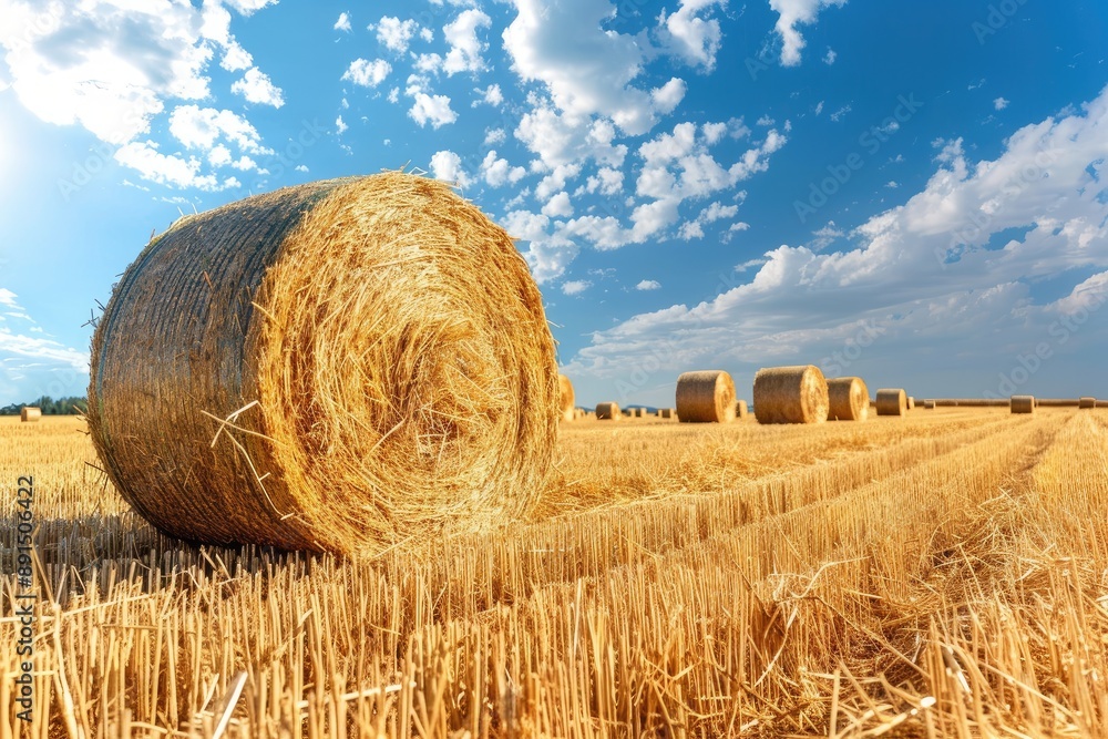 Poster a field of golden wheat with a large roll of hay in the foreground. the sky is blue and there are cl