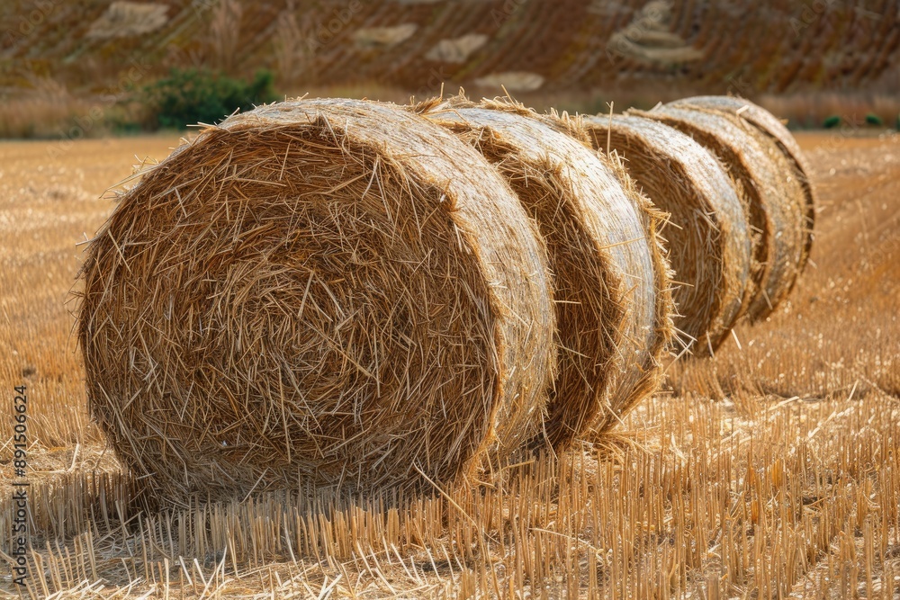Poster a field of hay is shown with a large round bale of hay in the foreground. the hay is piled up in a r