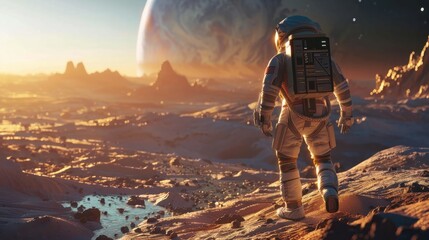 Fototapeta premium Astronaut exploring an exoplanet. Sci-fi colonist in spacesuit walks on the surface of another planet. People in space. Galactic travel and science concept.