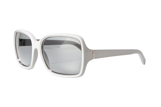 A pair of sleek rectangular sunglasses with minimalist frames, isolated on white background