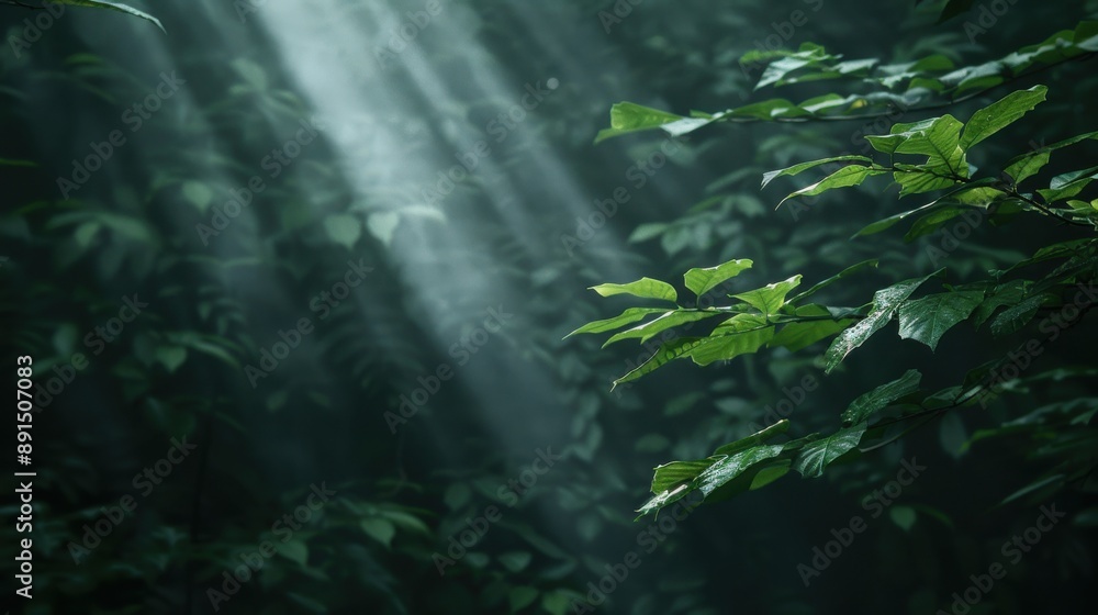 Poster this serene image captures sunlight streaming through the lush green foliage of a dense jungle, crea
