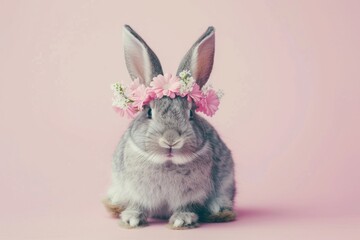 Obraz premium Adorable gray rabbit adorned with a whimsical crown of delicate pink flowers. Banner with copy-space