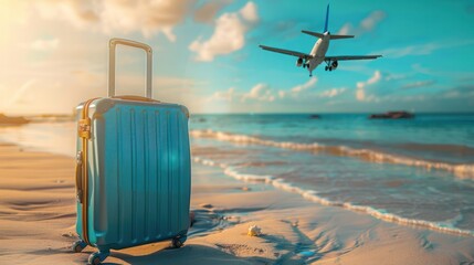 banner of suitcase on the beach on the flying plane background, travel vacation background