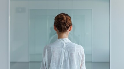 This image shows a woman standing with her back facing the camera, wearing a white shirt and a neat bun hairstyle, inside a minimalistic and modern space.