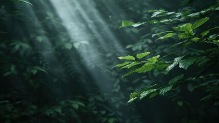 Fototapeta premium This serene image captures sunlight streaming through the lush green foliage of a dense jungle, creating a peaceful and mystical atmosphere with a touch of adventure.