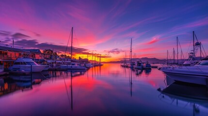 A beautiful sunset over a harbor with many boats docked