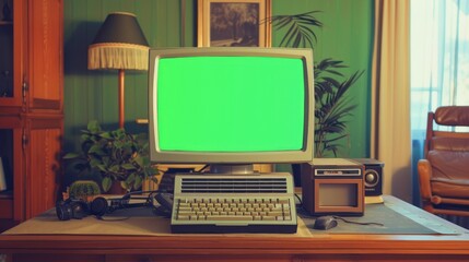 Fototapeta premium Vintage Computer with Chroma Key Green Screen