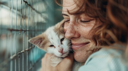 A person gently cuddles a small, cute kitten near a wire fence, creating a warm, affectionate scene filled with tenderness and compassion towards the animal.