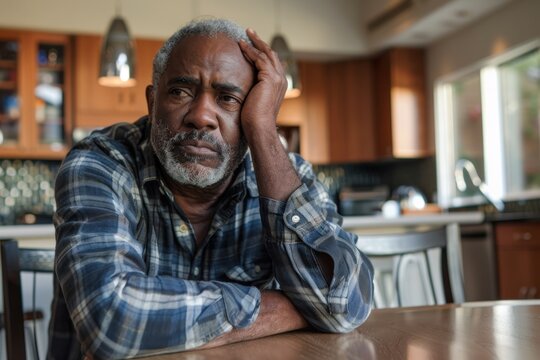 An anguished senior African-American man with his hand on his forehead, seated at a table in a well-lit - Powered by Adobe