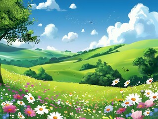 Obraz premium Whimsical Cartoon Landscape with Blooming Summer Hills under Blue Sky - Cheerful and Playful Nature Scene
