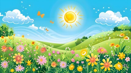 Sunny Hillside Delight - A Playful Cartoon Scene with Blooming Wildflowers and a Happy Sun