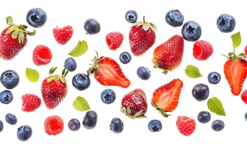 assorted fruits, strawberries, blueberries, and raspberries, suspended in mid-air Isolated on white background
