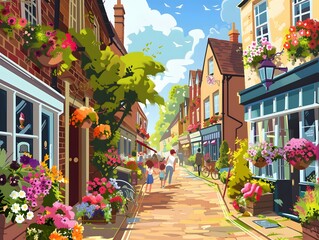 Cheerful Summer Scene in a Cartoon Town Street with Colorful Flower Boxes and Happy People Enjoying Ice Creams