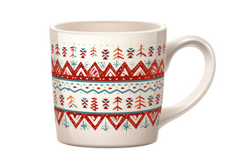 holiday-themed coffee mug with a festive pattern or design, isolated on a white background