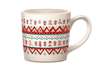 holiday-themed coffee mug with a festive pattern or design, isolated on a white background