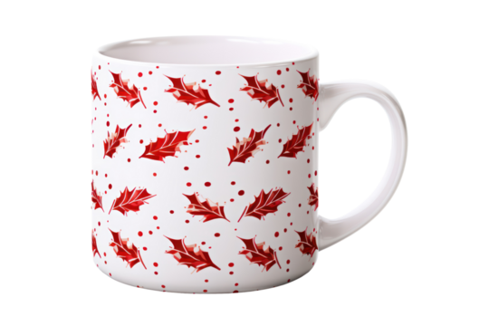 holiday-themed coffee mug with a festive pattern or design, isolated on a white background